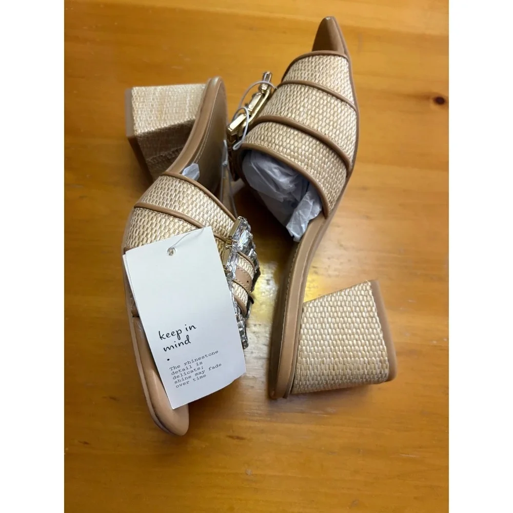 A New Day Kathleen Slide Sandals Tan Woven Rhinestone Buckle Block Heel 7